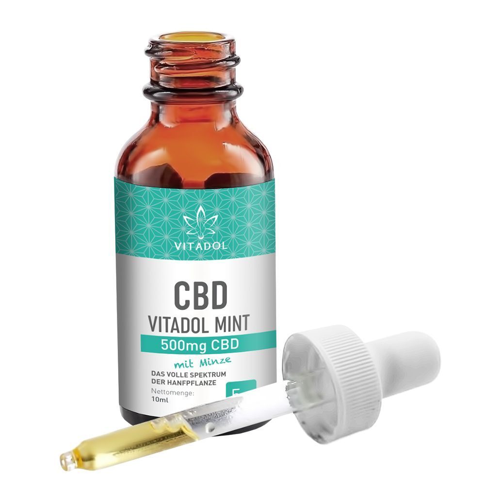 Flasche VITADOL MINT CBD 500mg CBD mit Minze, 10ml, 5% CBD, mit Pipette.