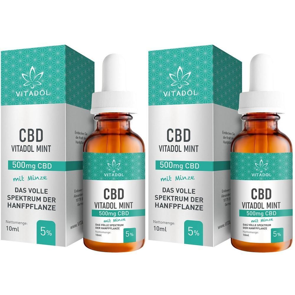 Zwei Flaschen VITADOL CBD Mint 500mg CBD mit Minze, 10ml, Vollspektrum Hanfpflanze.