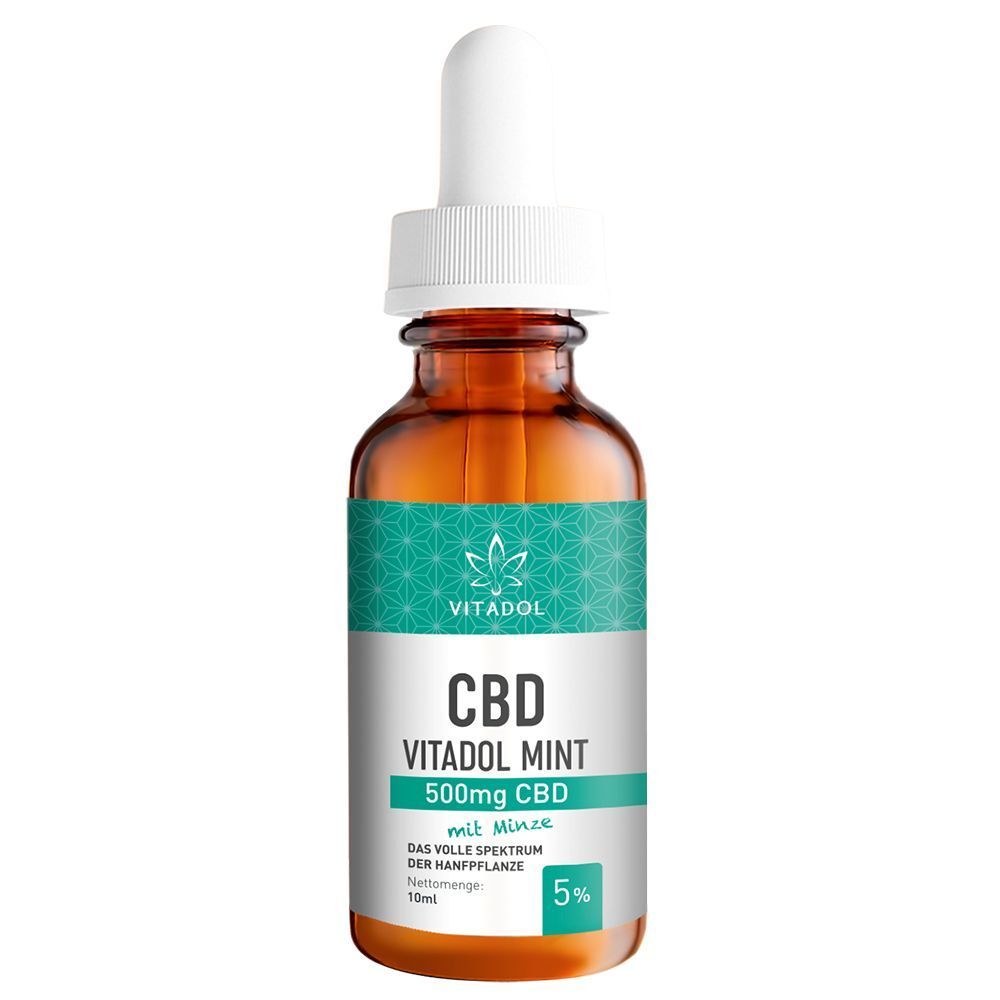 Eine Flasche VITADOL CBD Mint 500mg CBD mit Minze, 10ml, Vollspektrum Hanfpflanze.