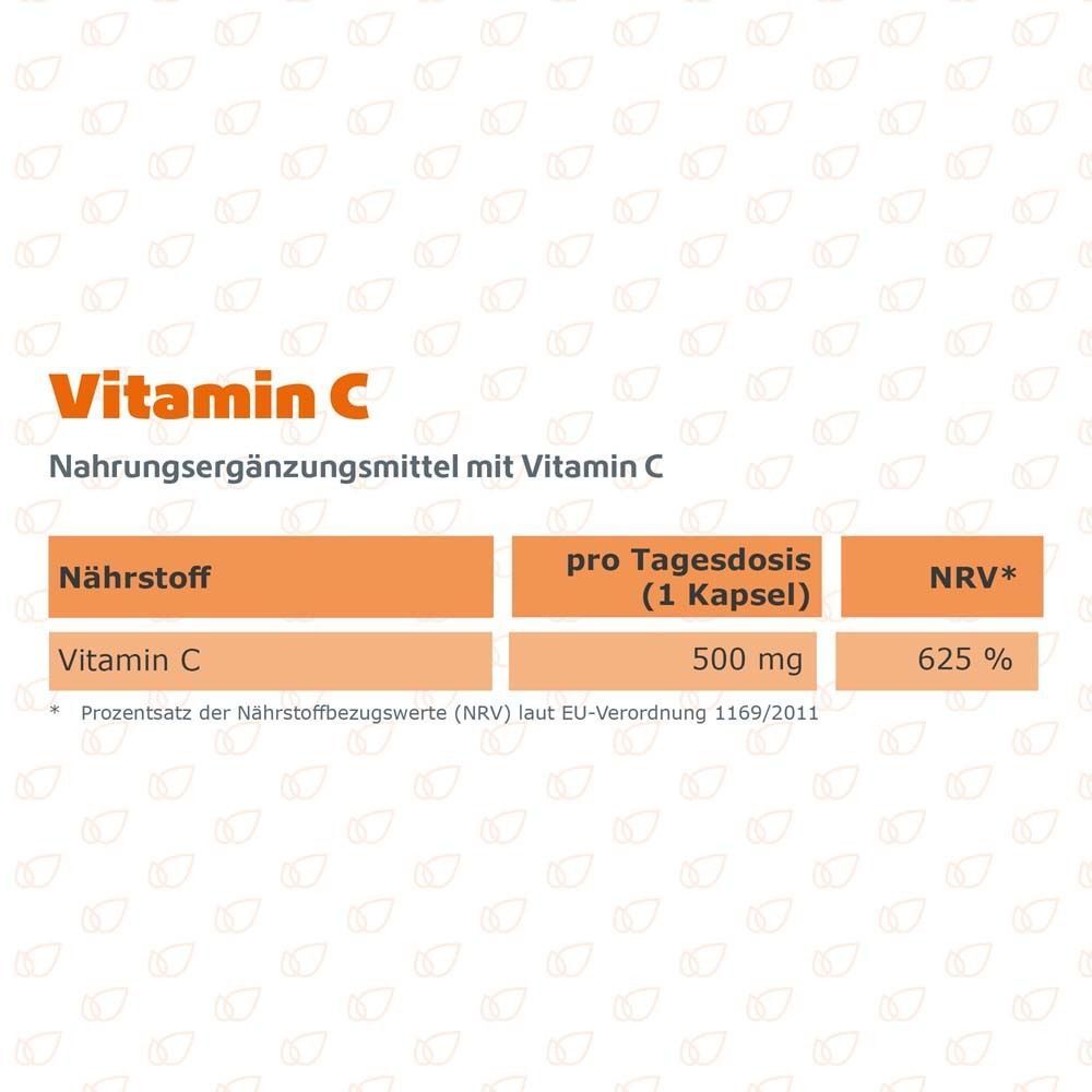 Nährwerttabelle: 500 mg Vitamin C pro Kapsel (625% NRV).