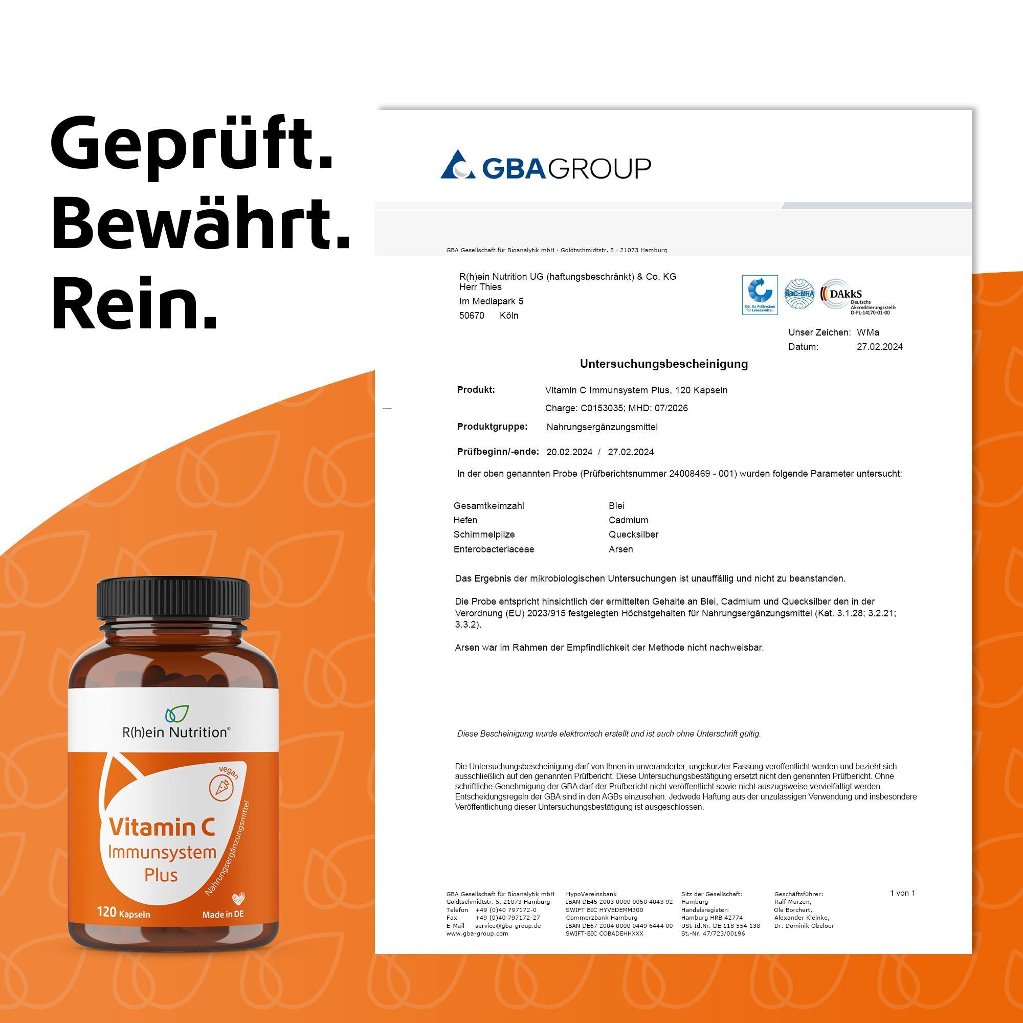 Flasche Vitamin C Immunsystem Plus und Prüfbericht von GBA GROUP.