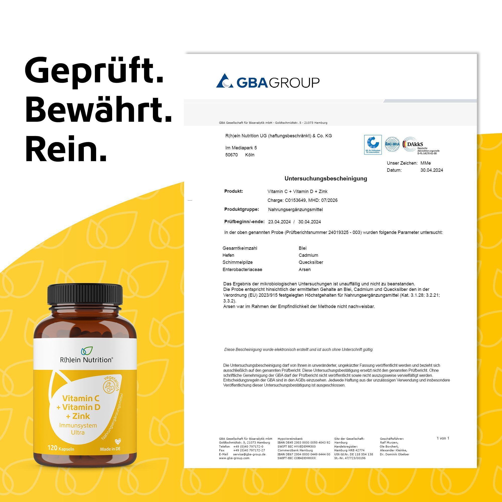Zertifikat 'Geprüft. Bewährt. Rein.' neben einer Braunglasflasche.