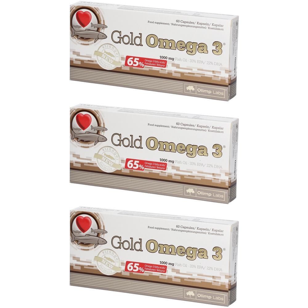 Drei Packungen Olimp Gold Omega 3 Kapseln. Jede Packung enthält 60 Kapseln.
