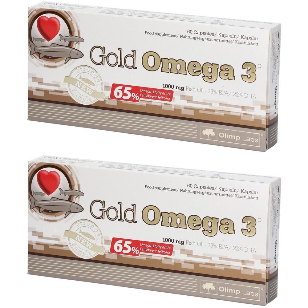 Zwei Packungen Gold Omega 3 Kapseln, 1000 mg Fischöl, 60 Kapseln pro Packung.