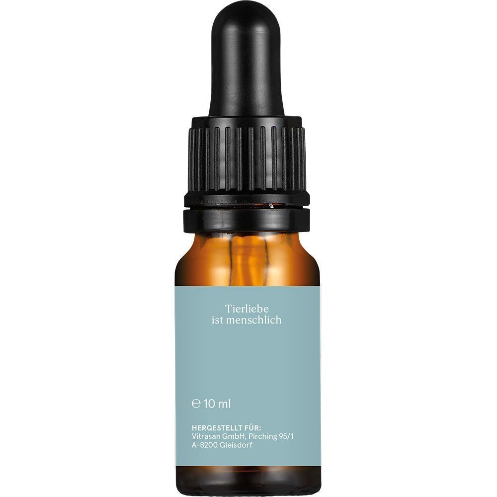 Flasche CBD VITAL VET CBD Öl 10ml mit Pipettenverschluss und Herstellerangaben.