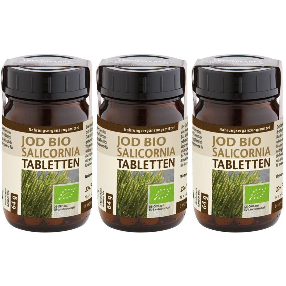 Drei Flaschen Jod Bio Salicornia Tabletten, jede 64g. Braune Glasflaschen mit schwarzen Deckeln und Etiketten.