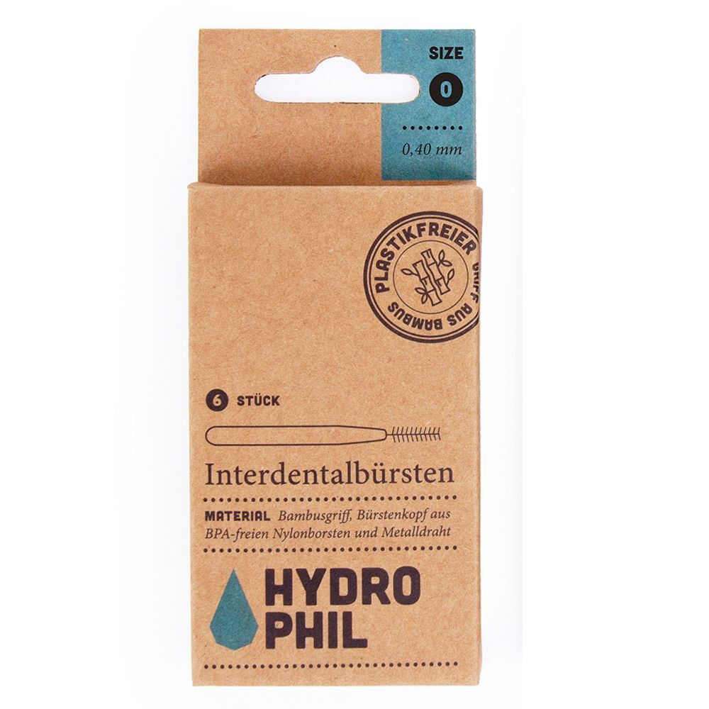 Verpackung HYDROPHIL Interdentalbürsten, Größe 0 (0,40 mm), 6 Stück, plastikfrei aus Bambus.