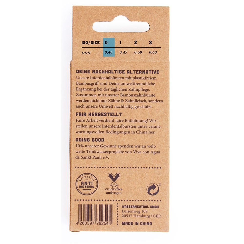 Rückseite einer Packung HYDROPHIL Interdentalbürsten: ISO/Größe 0 (0,40 mm), nachhaltig, fair hergestellt.