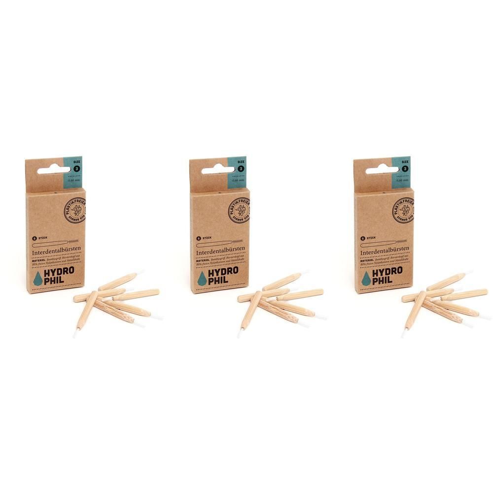 Drei Packungen HYDROPHIL Interdentalbürsten, Größe 3 (0,6 mm), mit je 6 Stück. Bambusgriff, plastikfrei.