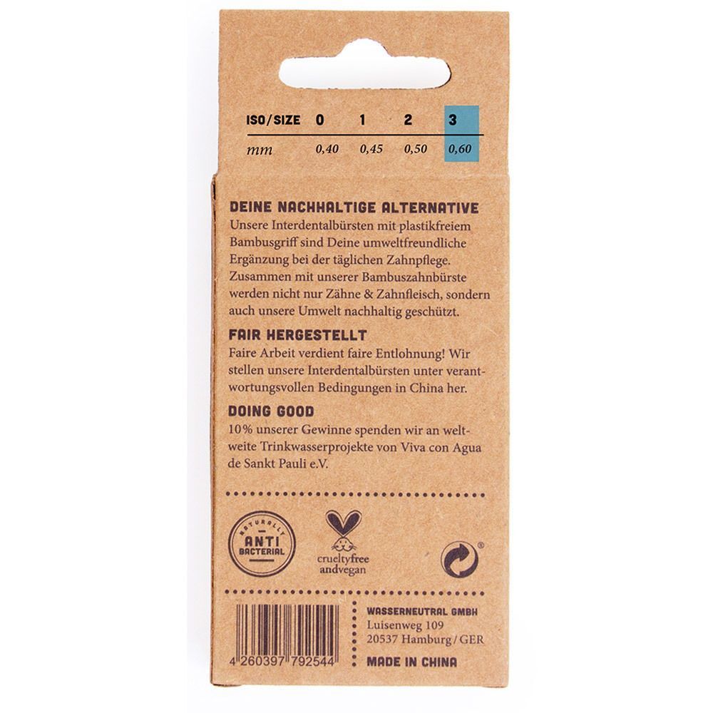 Rückseite einer Packung HYDROPHIL Interdentalbürsten. Informationen zu Größe, Material und Nachhaltigkeit.