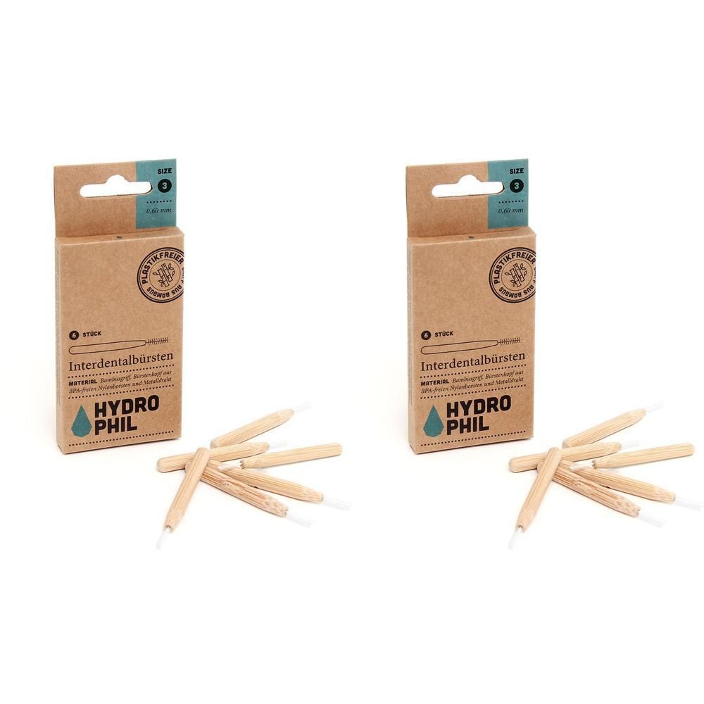 Zwei Packungen HYDROPHIL Interdentalbürsten, Größe 3 (0,60 mm), mit je 6 Bambusbürsten.