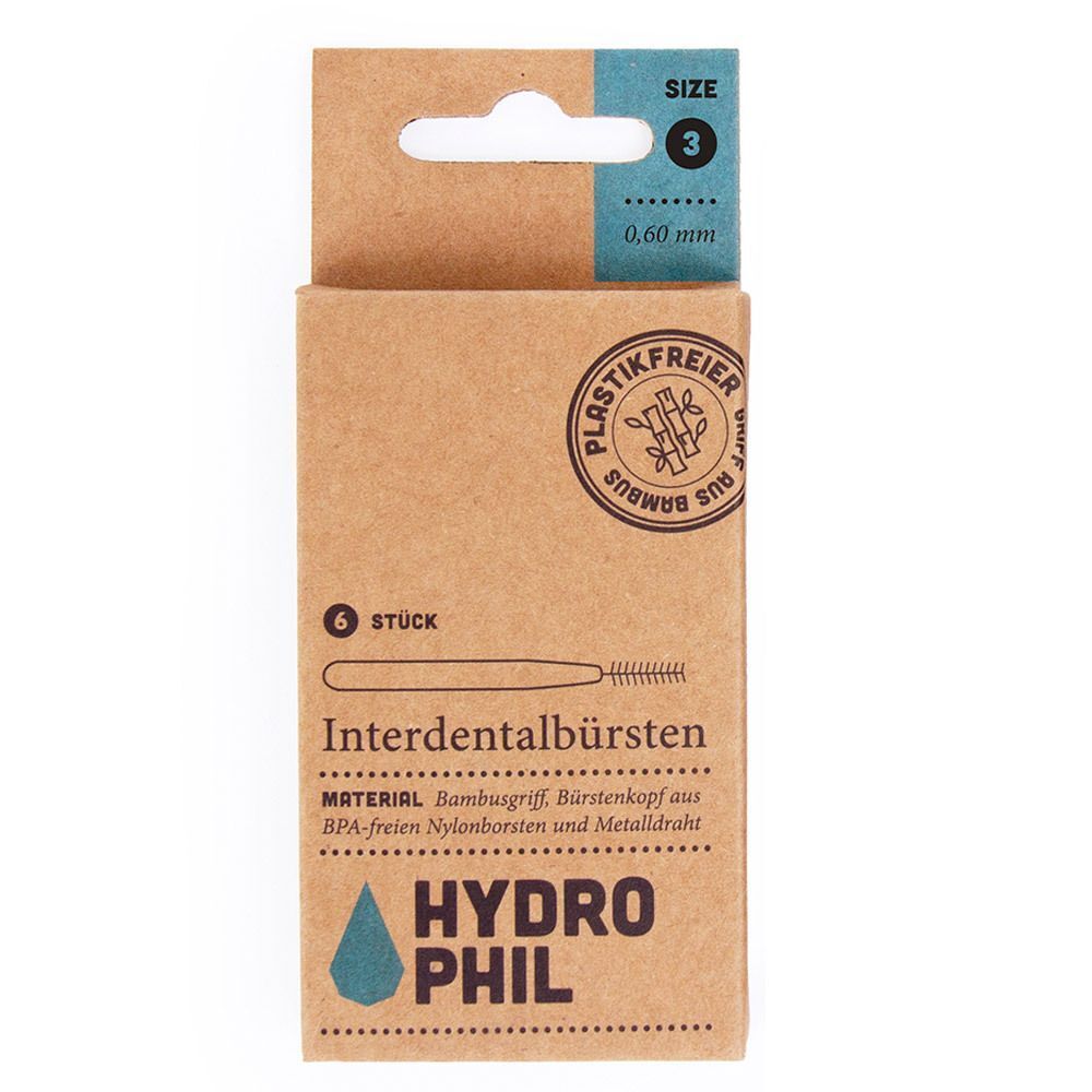 Vorderseite einer Packung HYDROPHIL Interdentalbürsten, Größe 3 (0,60 mm), 6 Stück, Bambusgriff.