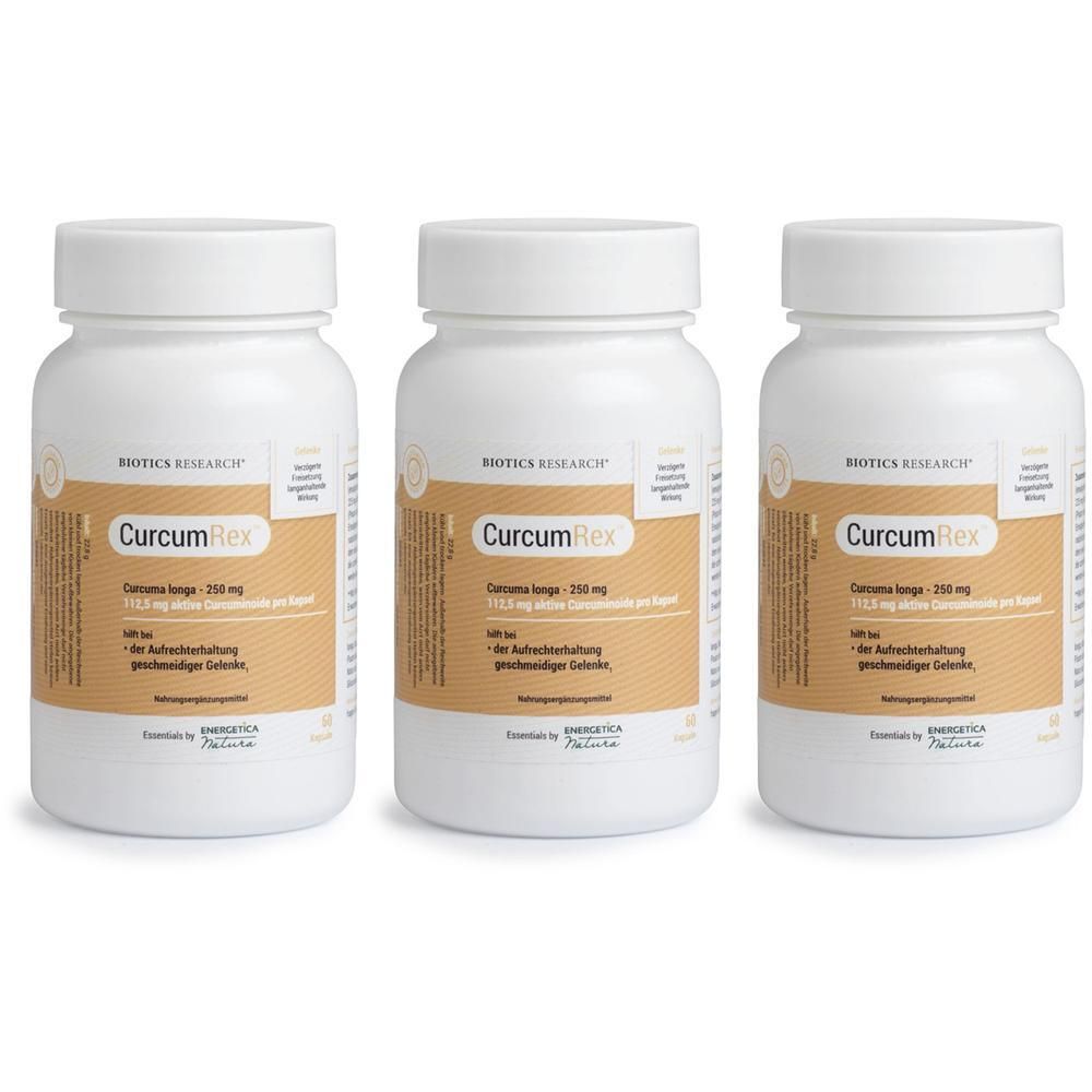 Drei weiße Behälter mit CurcumRex-Etiketten, die jeweils 250 mg Curcuma longa enthalten.