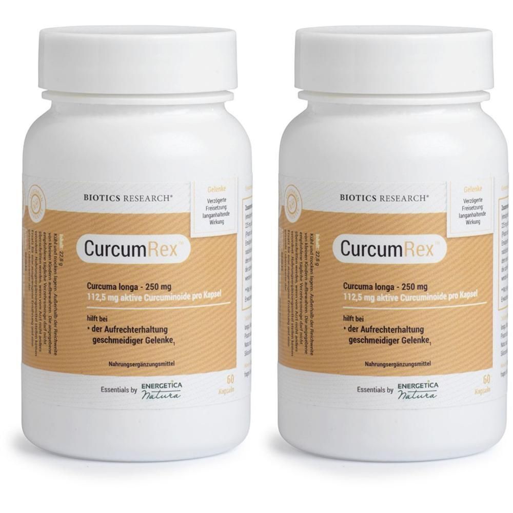 Zwei weiße Behälter mit CurcumRex™ Kapseln. Jede Flasche enthält 60 Kapseln.