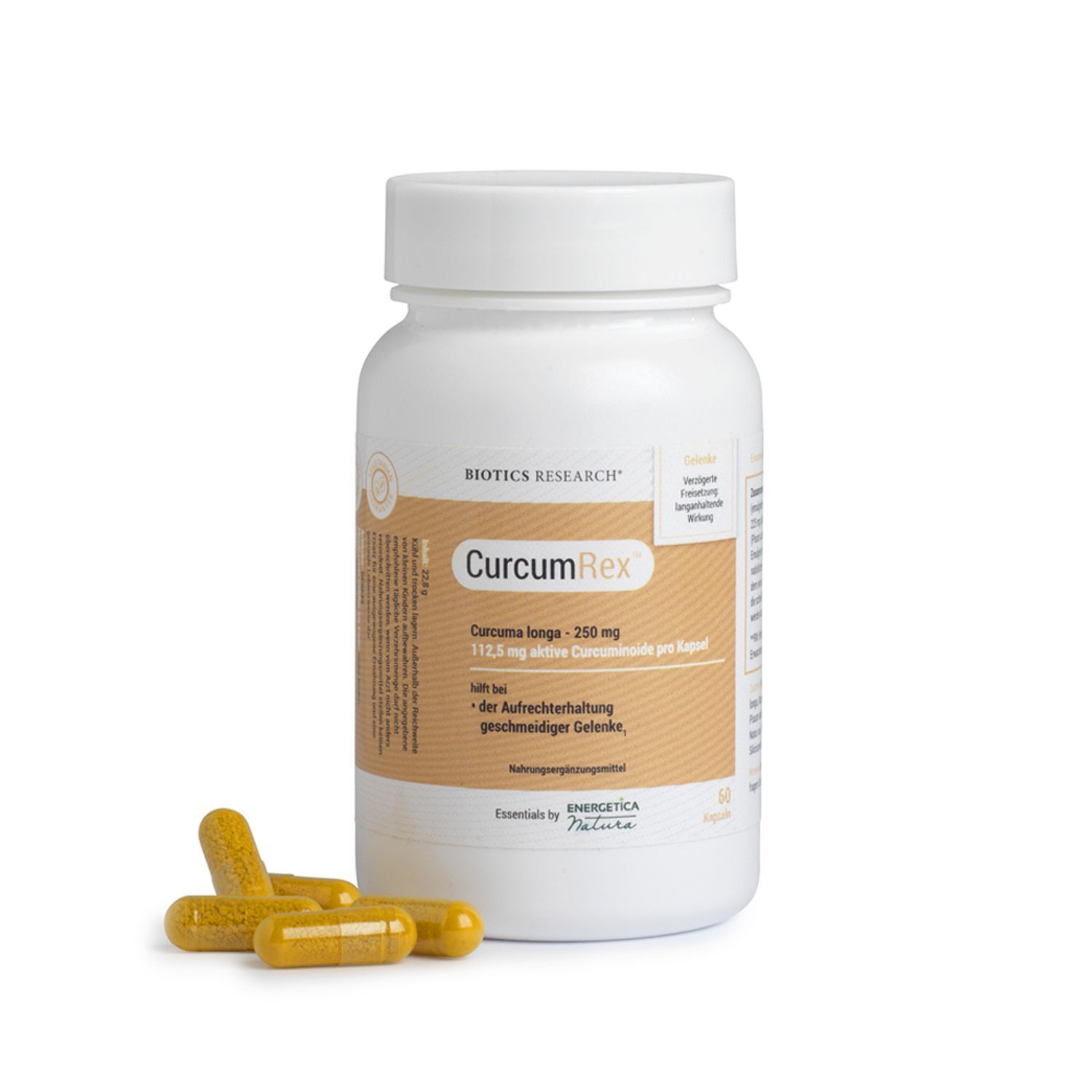 Ein weißer Behälter mit CurcumRex™ Kapseln und drei Kapseln daneben. Der Behälter enthält 60 Kapseln.
