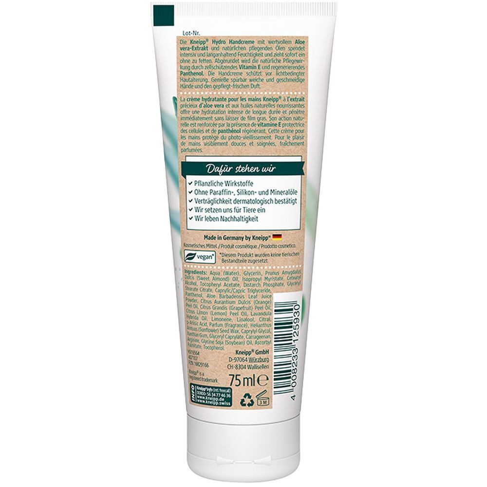 Rückseite einer Tube Kneipp Hydro Handcreme Aloe Vera mit Inhaltsstoffen und Siegeln.