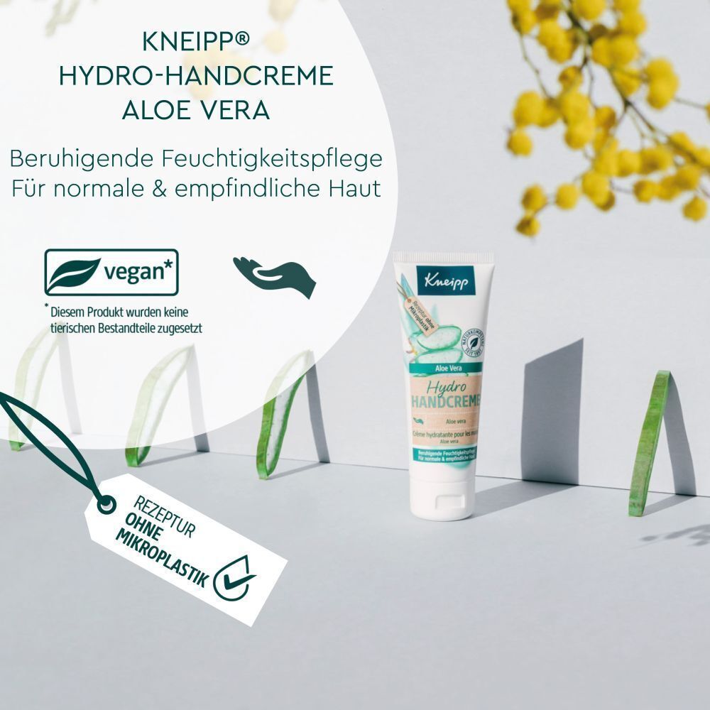 Kneipp Hydro Handcreme Aloe Vera mit Siegeln 'Vegan' und 'Rezeptur ohne Mikroplastik'.