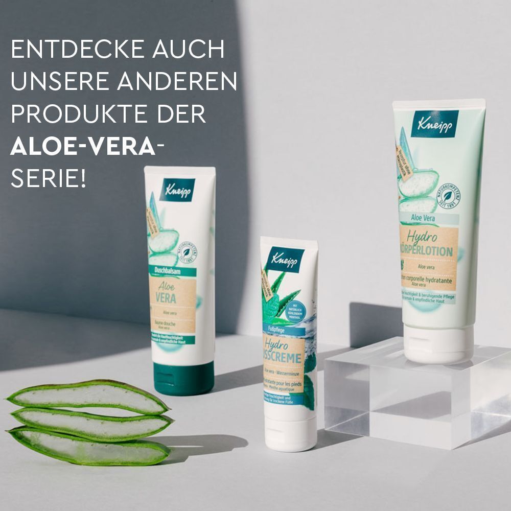 Drei Produkte der Kneipp Aloe Vera Serie: Handcreme, Handcreme und Hand & Körperlotion.