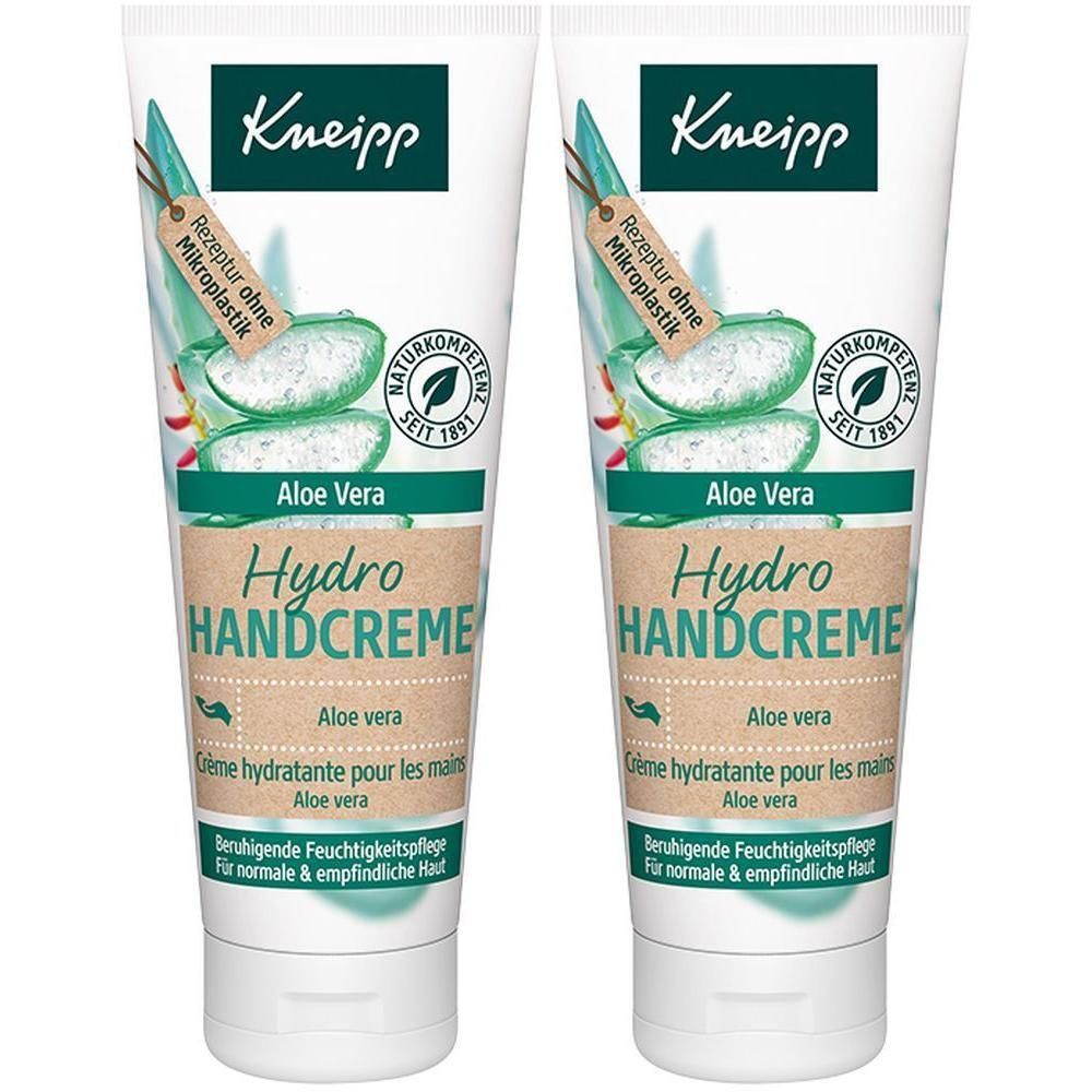 Zwei Tuben Kneipp Hydro Handcreme Aloe Vera mit Aloe-Vera-Motiv und Naturkompetenz-Siegel.