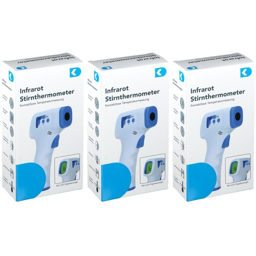 Drei Infrarot-Stirnthermometer in Verpackungen. Weiß und blau.