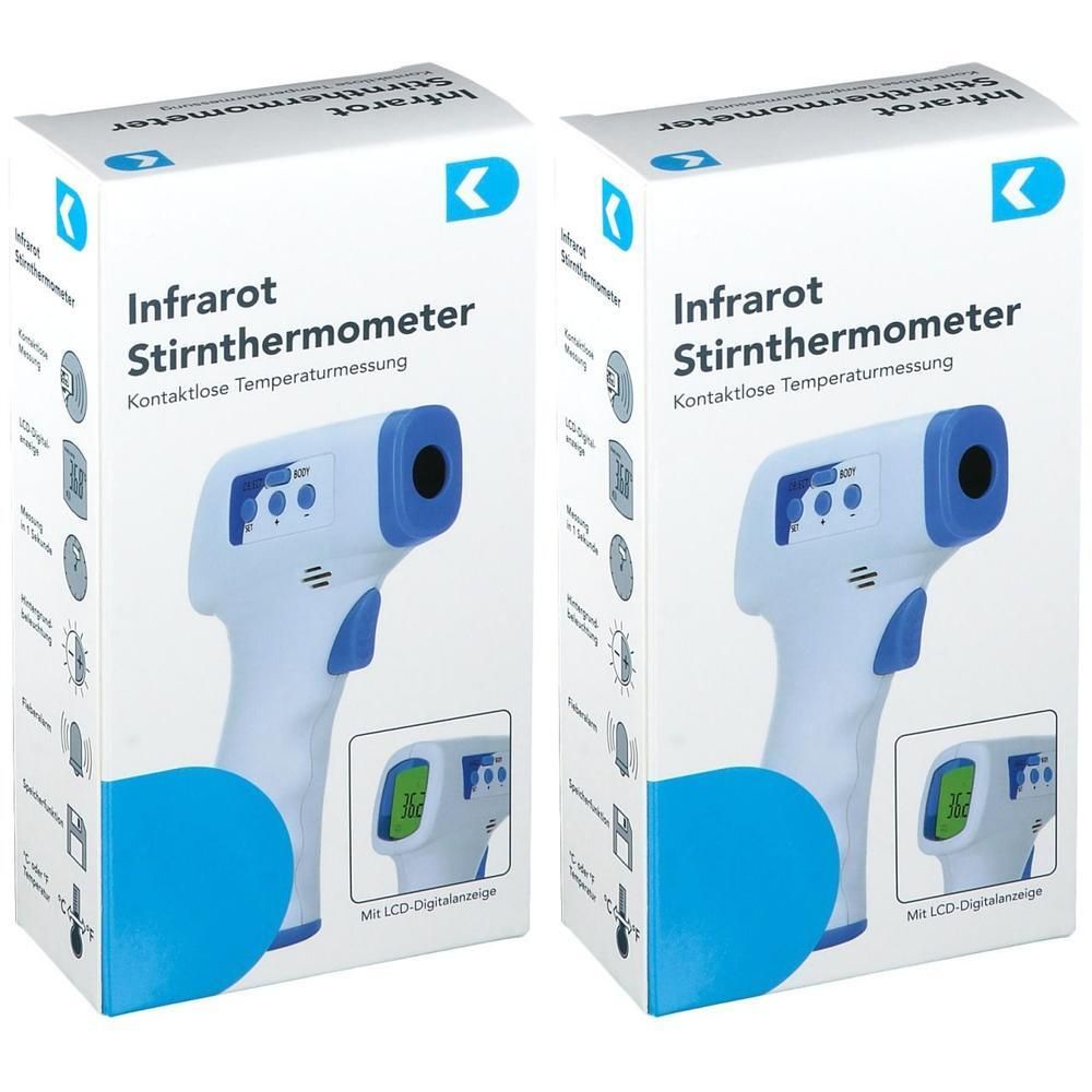 Zwei Packungen Infrarot-Stirnthermometer mit digitaler LCD-Anzeige. Kontaktlose Temperaturmessung.