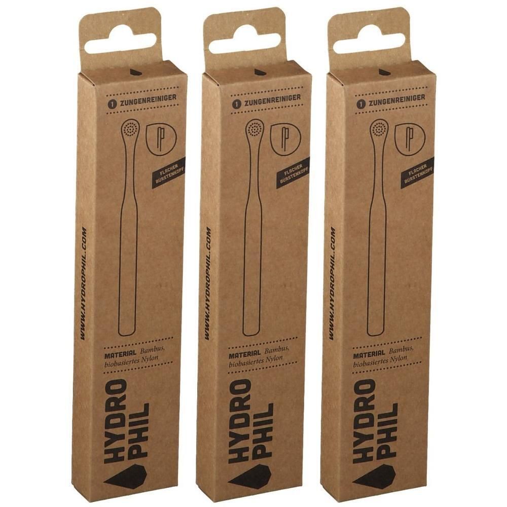 Drei HYDROPHIL Zungenreiniger aus Bambus und Nylon in Pappverpackung.