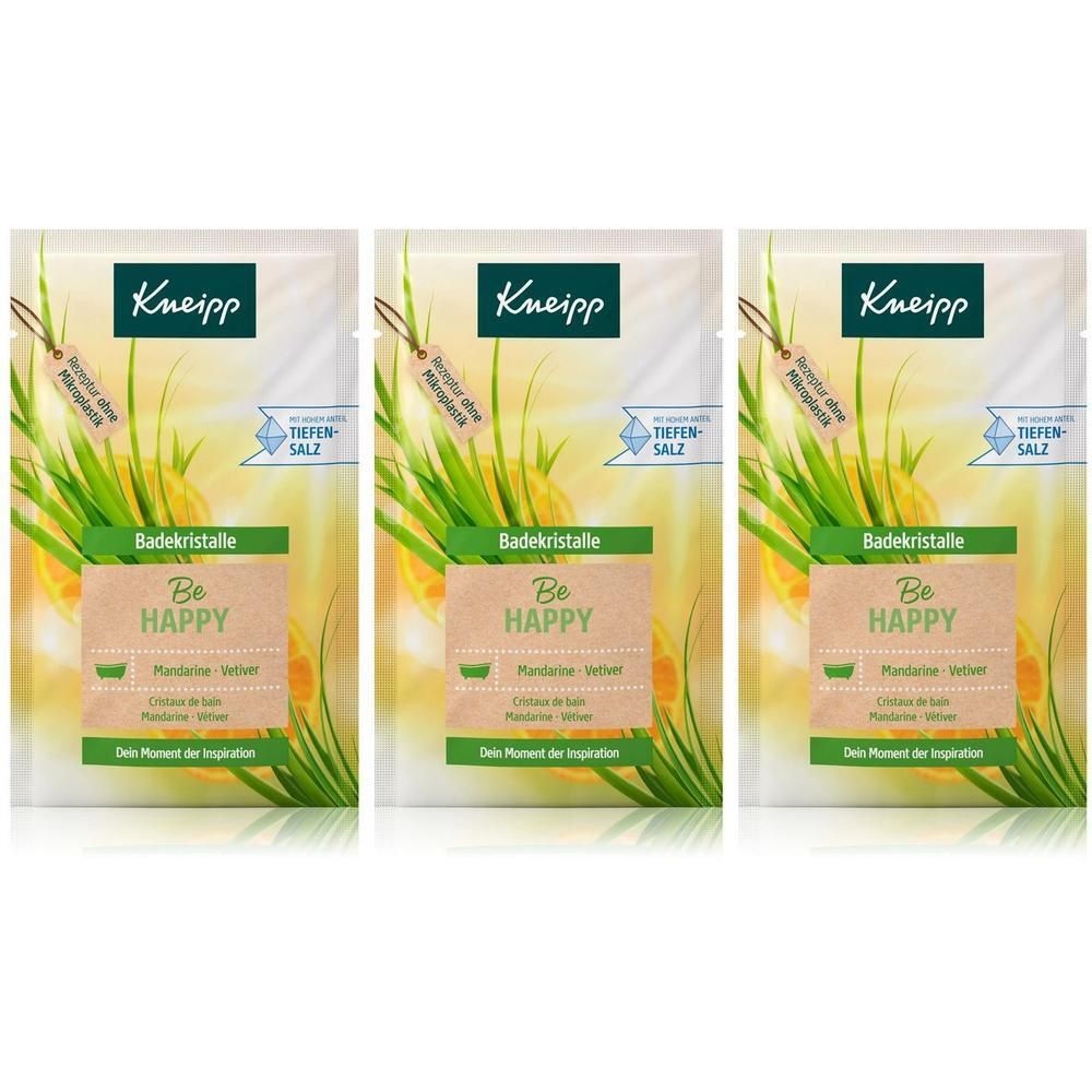 Drei Päckchen Kneipp BadeKristalle Be Happy mit Mandarine und Vetiver.