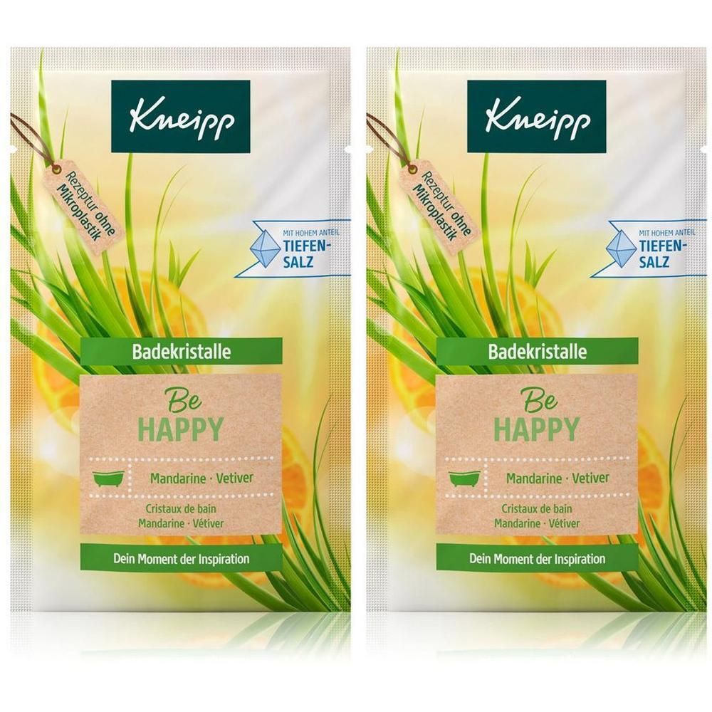 Zwei Kneipp BadeKristalle Be Happy Päckchen mit Mandarine und Vetiver Duft. Ohne Mikroplastik.