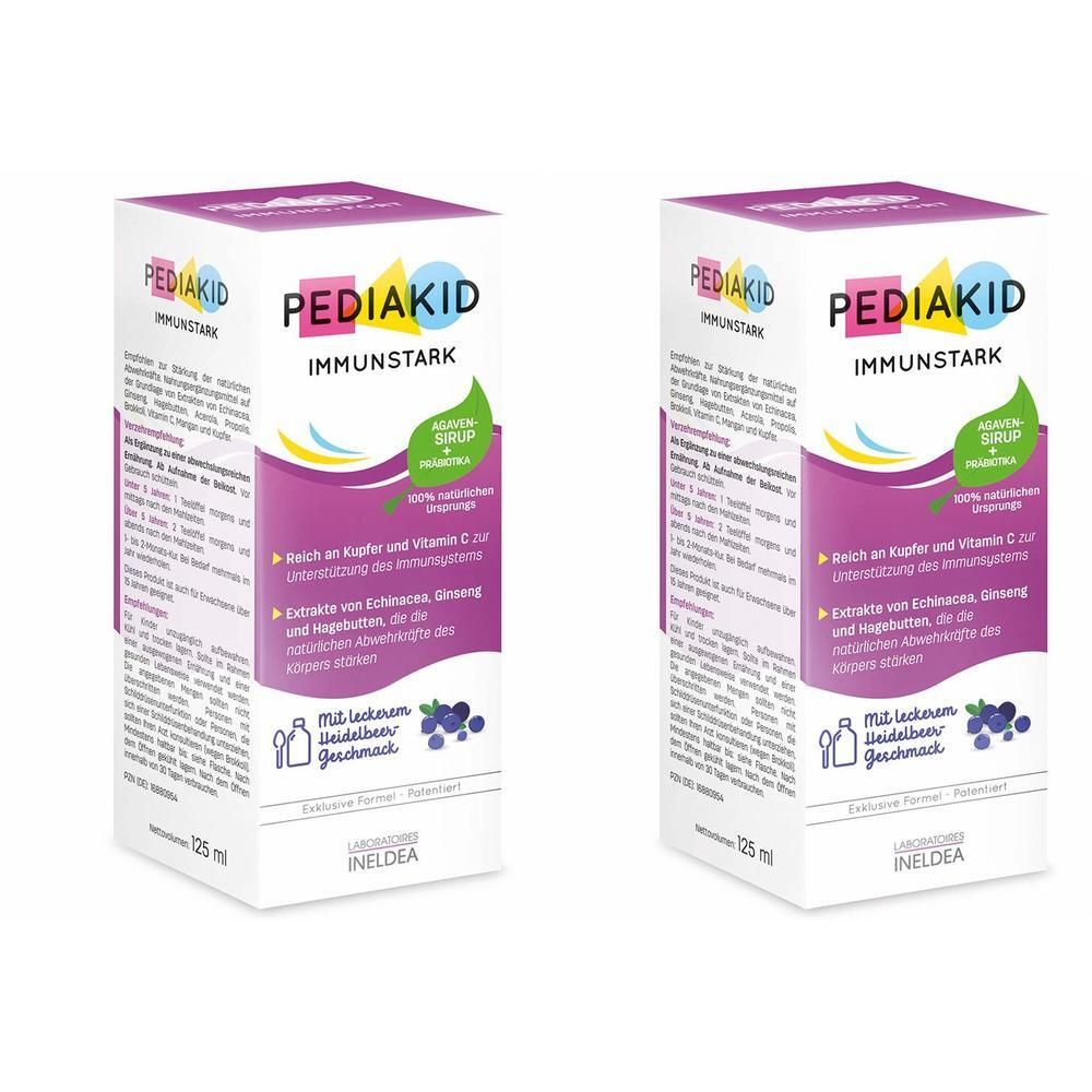 Zwei Schachteln Pediakid Immunstark Sirup mit Heidelbeergeschmack, 125 ml.