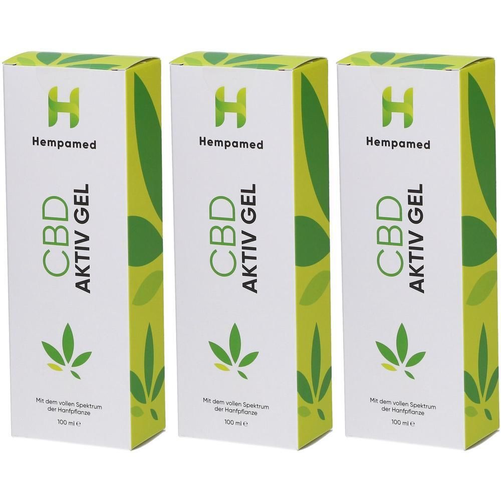 Drei Packungen Hempamed CBD AKTIV GEL mit Hanfblatt-Symbol und 'Mit dem vollen Spektrum der Hanfpflanze' Aufschrift.