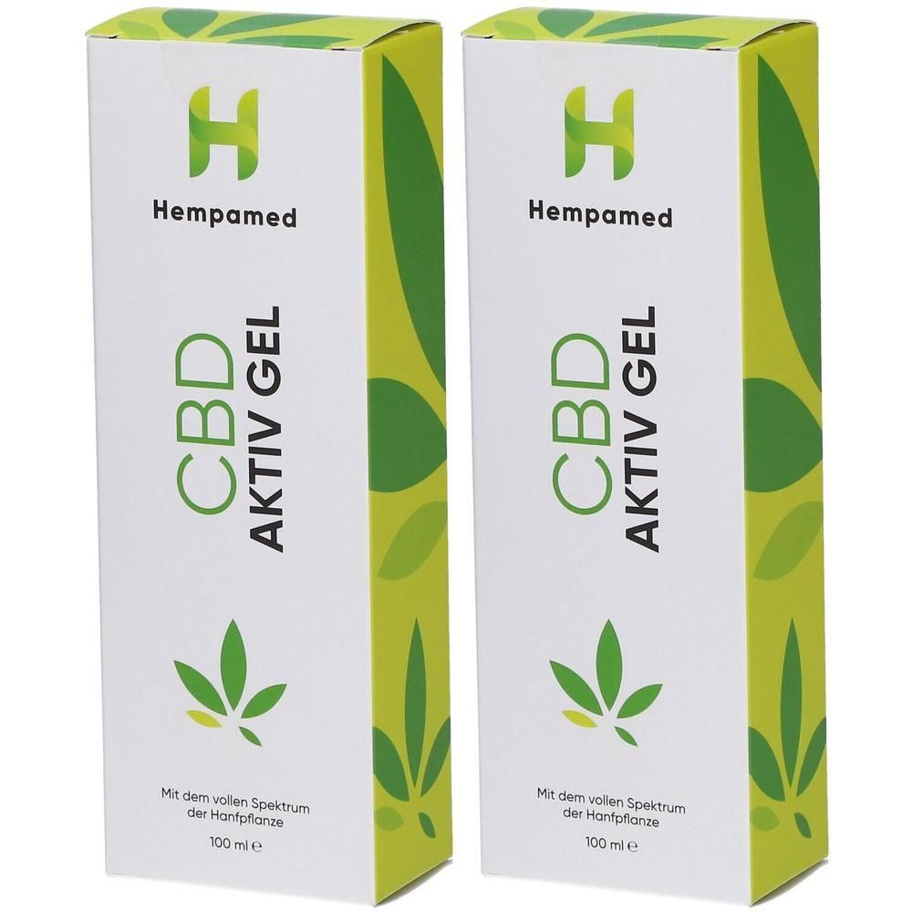Zwei Packungen Hempamed CBD Aktiv Gel, 100ml, mit Hanfblatt-Symbol.