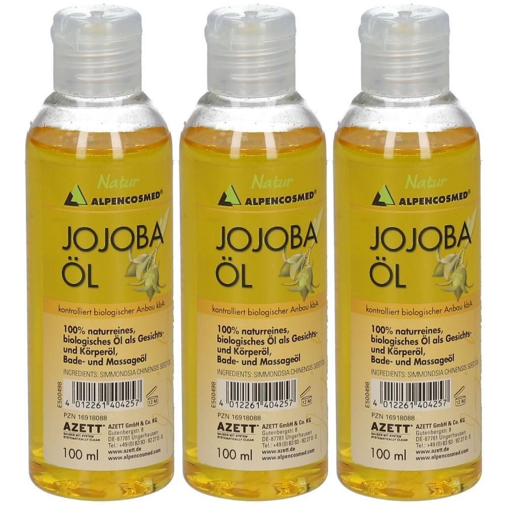 Drei Flaschen ALPENCOSMED Natur Jojoba Öl, 100 ml.