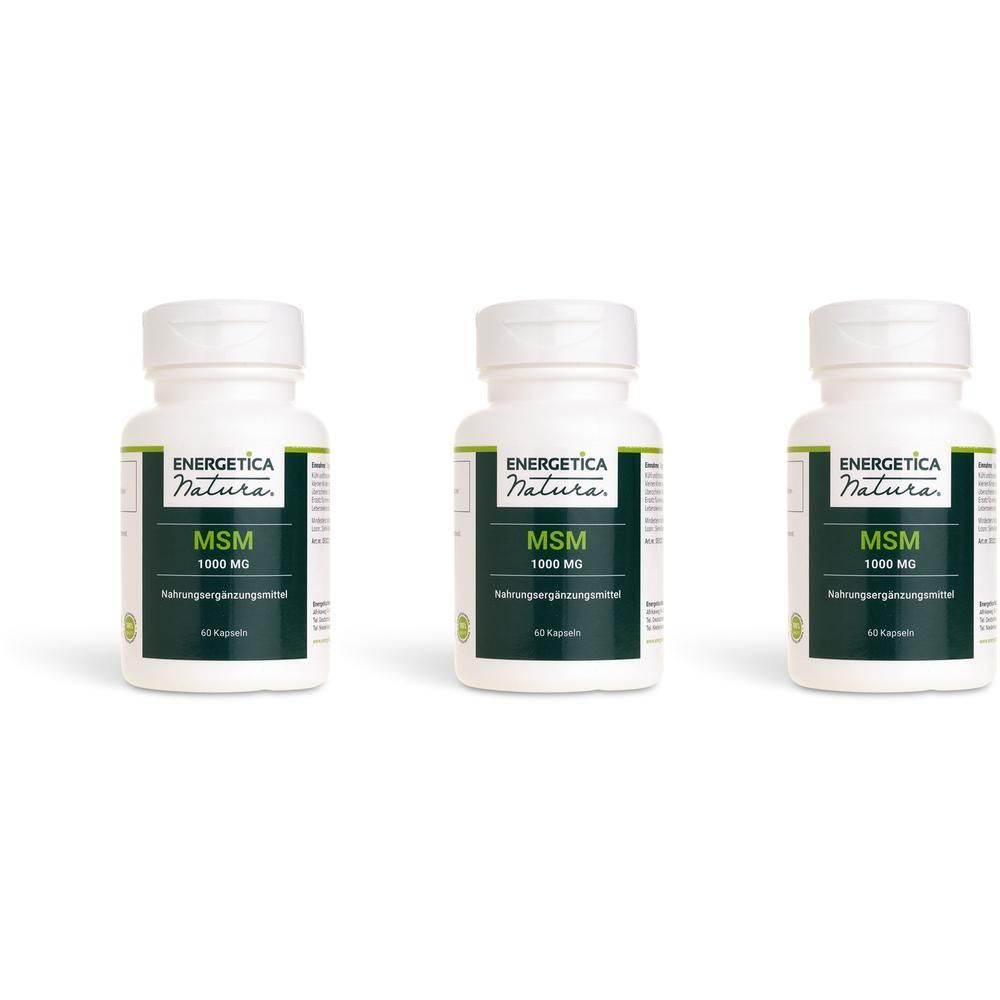 Drei weiße Flaschen mit MSM 1000 mg Nahrungsergänzungsmittel.