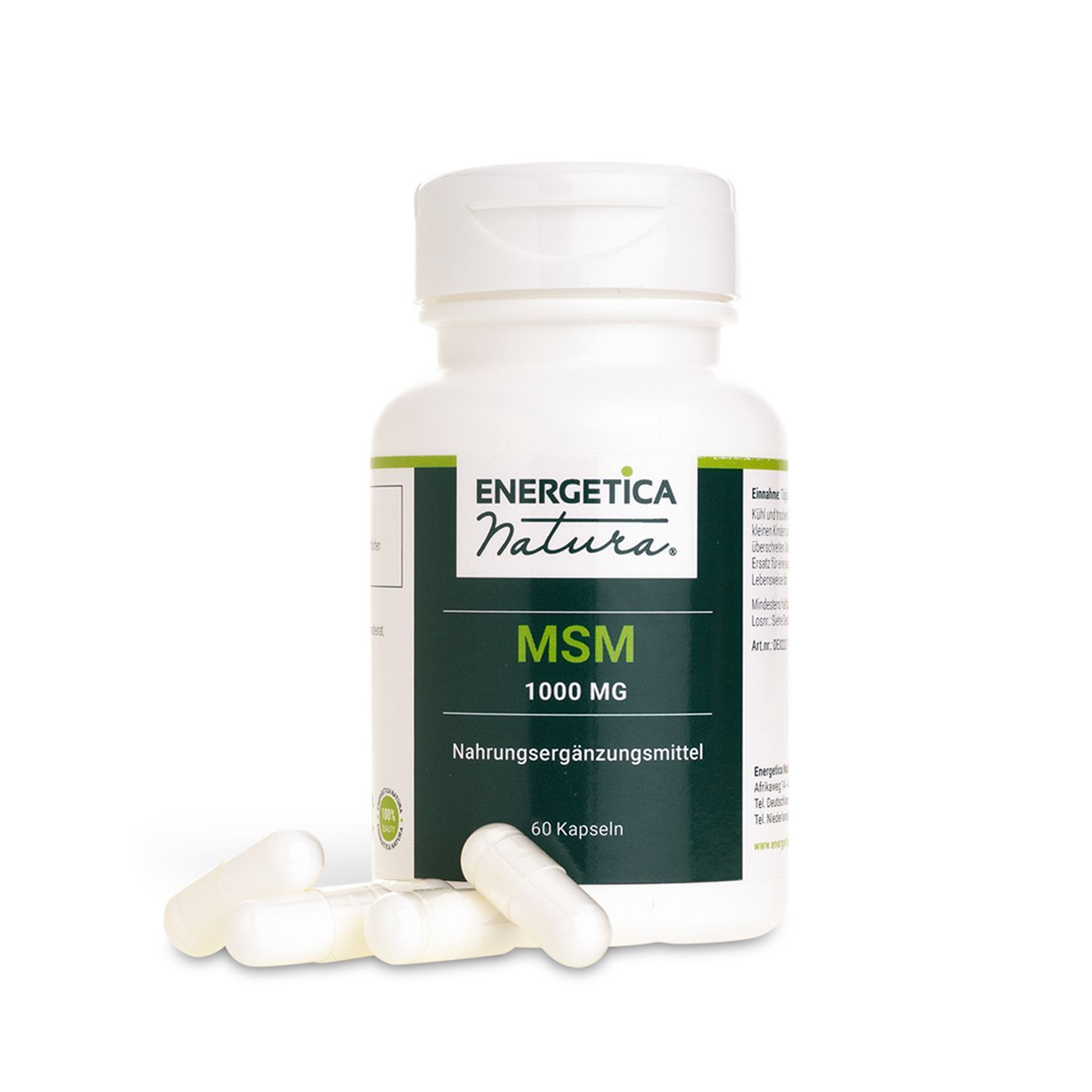 Weiße Flasche mit MSM 1000 mg Nahrungsergänzungsmittel und drei Kapseln daneben.