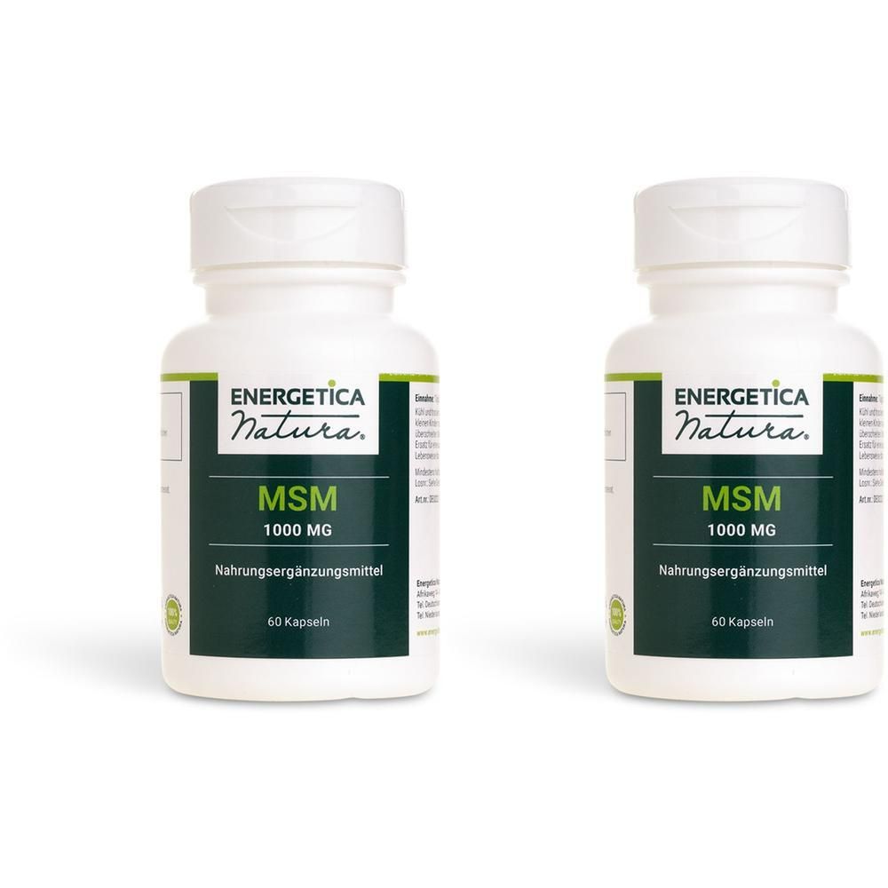 Zwei weiße Behälter mit Energetica Natura MSM 1000 mg Kapseln. Enthält 60 Kapseln pro Behälter.