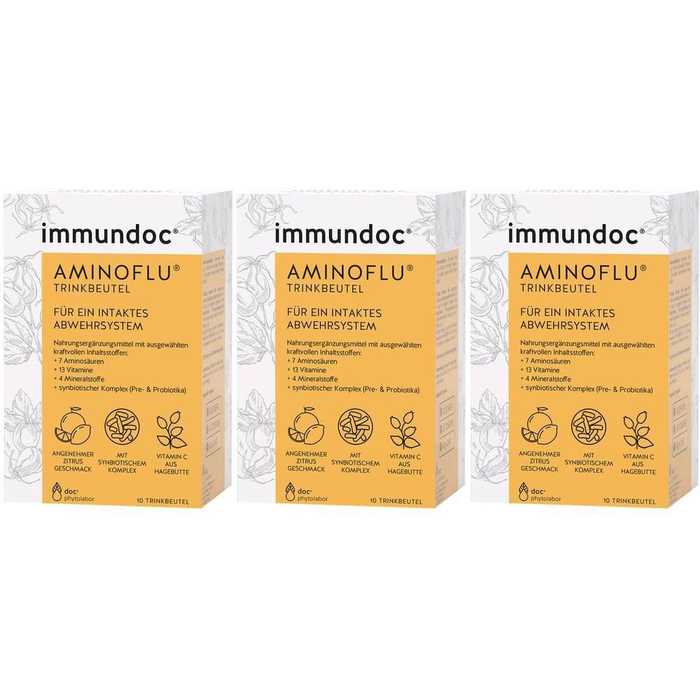 Drei Packungen "immundoc AMINOFLU TRINKBEUTEL" mit orangefarbenem Etikett und weißen Schriftzügen.