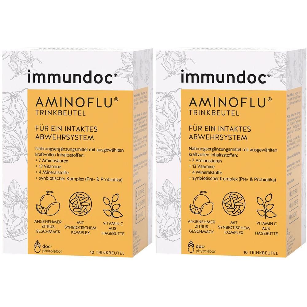 Zwei Packungen "immundoc AMINOFLU TRINKBEUTEL" für das Immunsystem mit 7 Aminosäuren, 13 Vitaminen, 4 Mineralstoffen.
