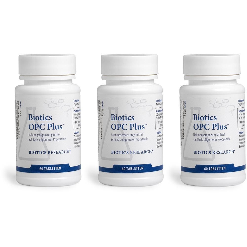 Drei weiße Flaschen mit Biotics OPC Plus Tabletten. Jede Flasche enthält 60 Tabletten.