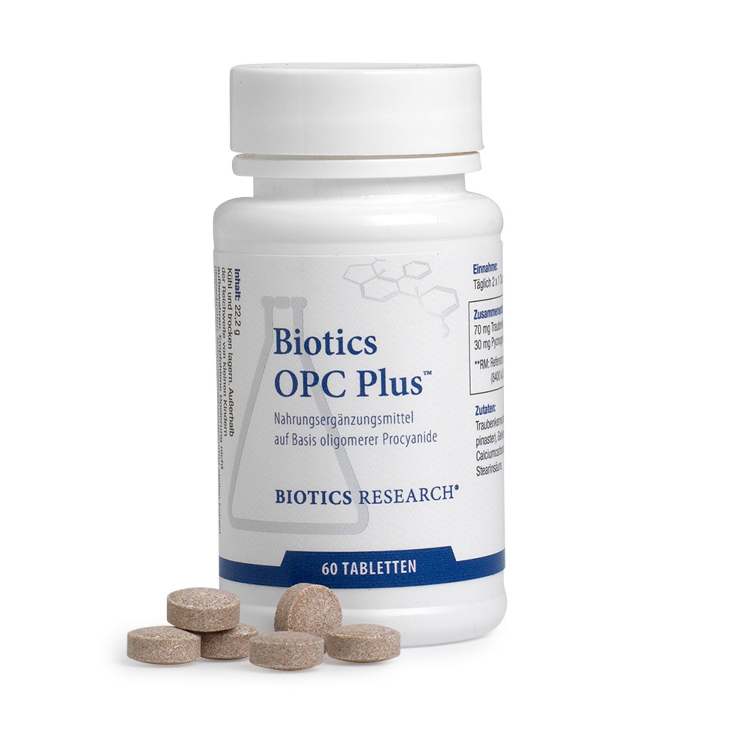 Eine weiße Flasche Biotics OPC Plus mit 60 Tabletten und einigen Tabletten daneben.