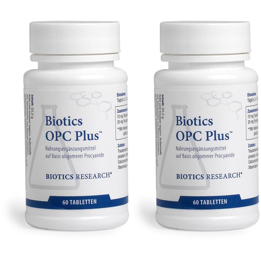 Zwei weiße Flaschen mit Biotics OPC Plus™ Nahrungsergänzungsmittel, jeweils 60 Tabletten.