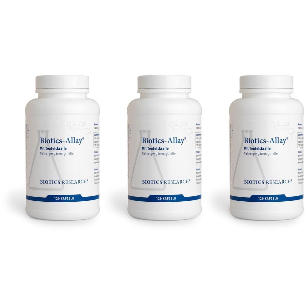 Drei weiße Flaschen mit Biotics-Allay®-Kapseln, jeweils 120 Kapseln.