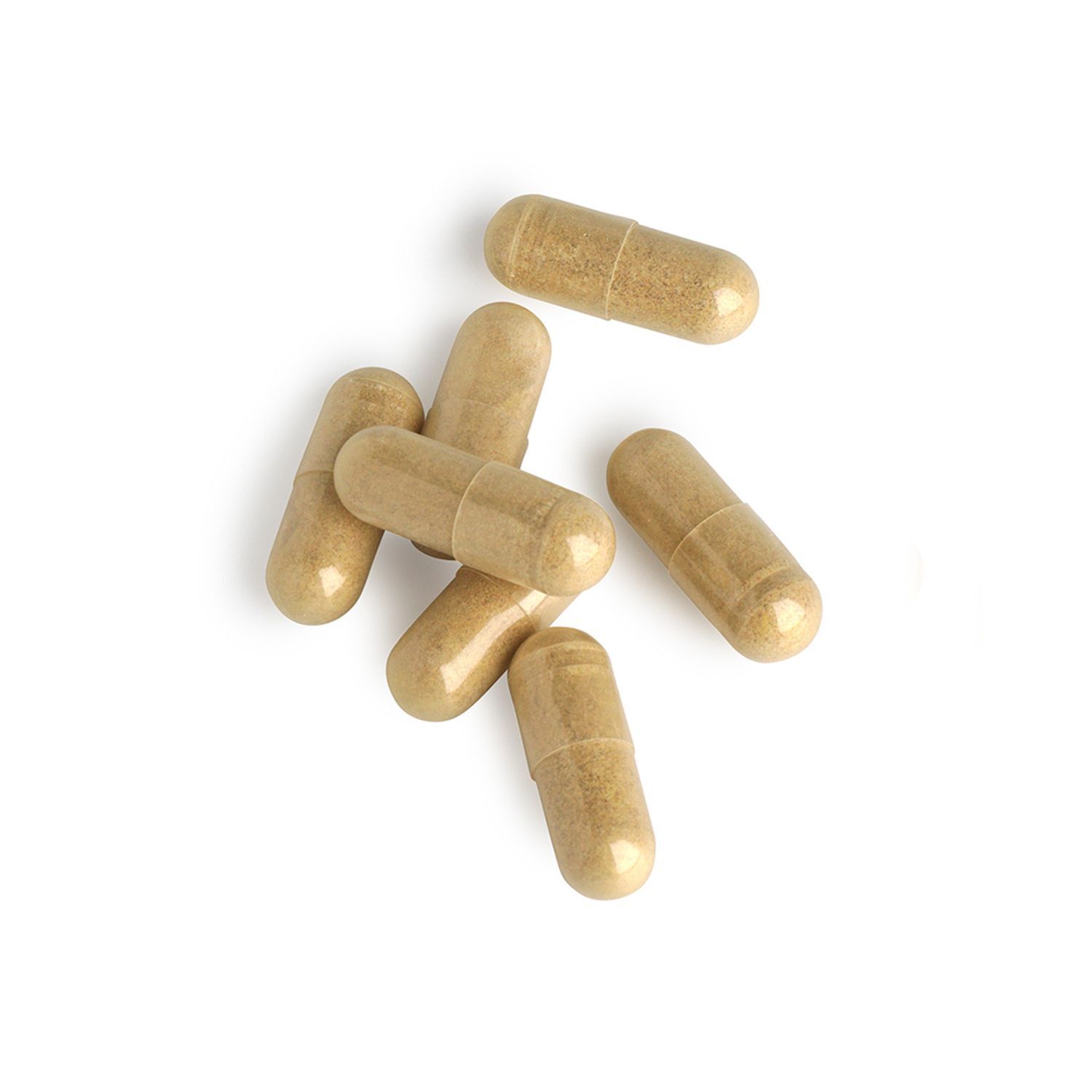 Sieben hellbraune Kapseln mit Biotics-Allay®-Nahrungsergänzungsmittel.