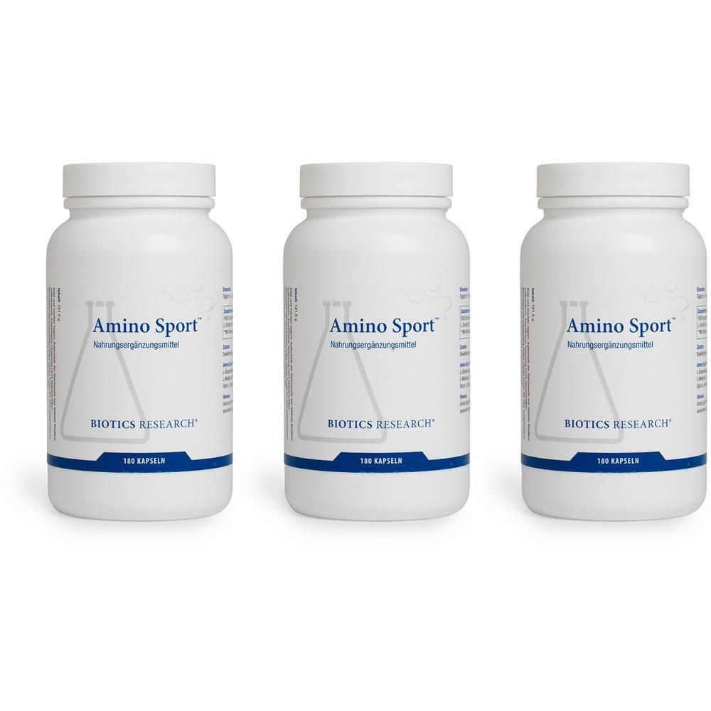 Drei weiße Flaschen mit 'Amino Sport' und 'BIOTICS RESEARCH' Aufschrift, gefüllt mit Kapseln.