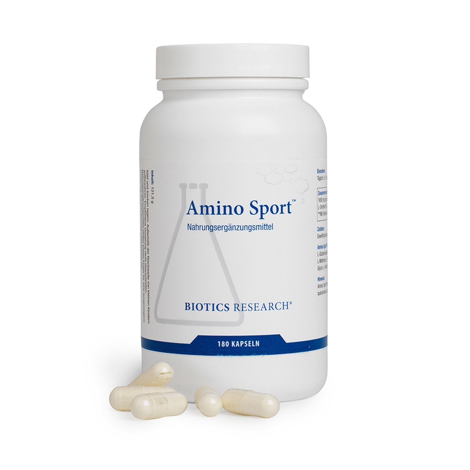 Eine weiße Flasche 'Amino Sport' mit Kapseln davor, auf weißem Hintergrund.