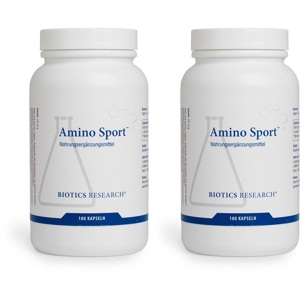 Zwei weiße Flaschen mit dem Etikett 'Amino Sport' und 'BIOTICS RESEARCH'. 180 Kapseln.