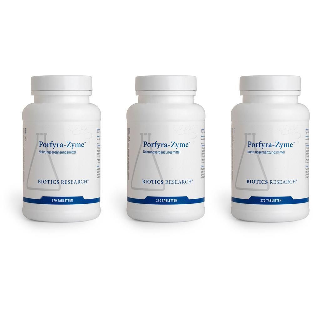 Drei weiße Behälter mit Porfyra-Zyme-Tabletten von BIOTICS RESEARCH. Jede Flasche enthält 270 Tabletten.