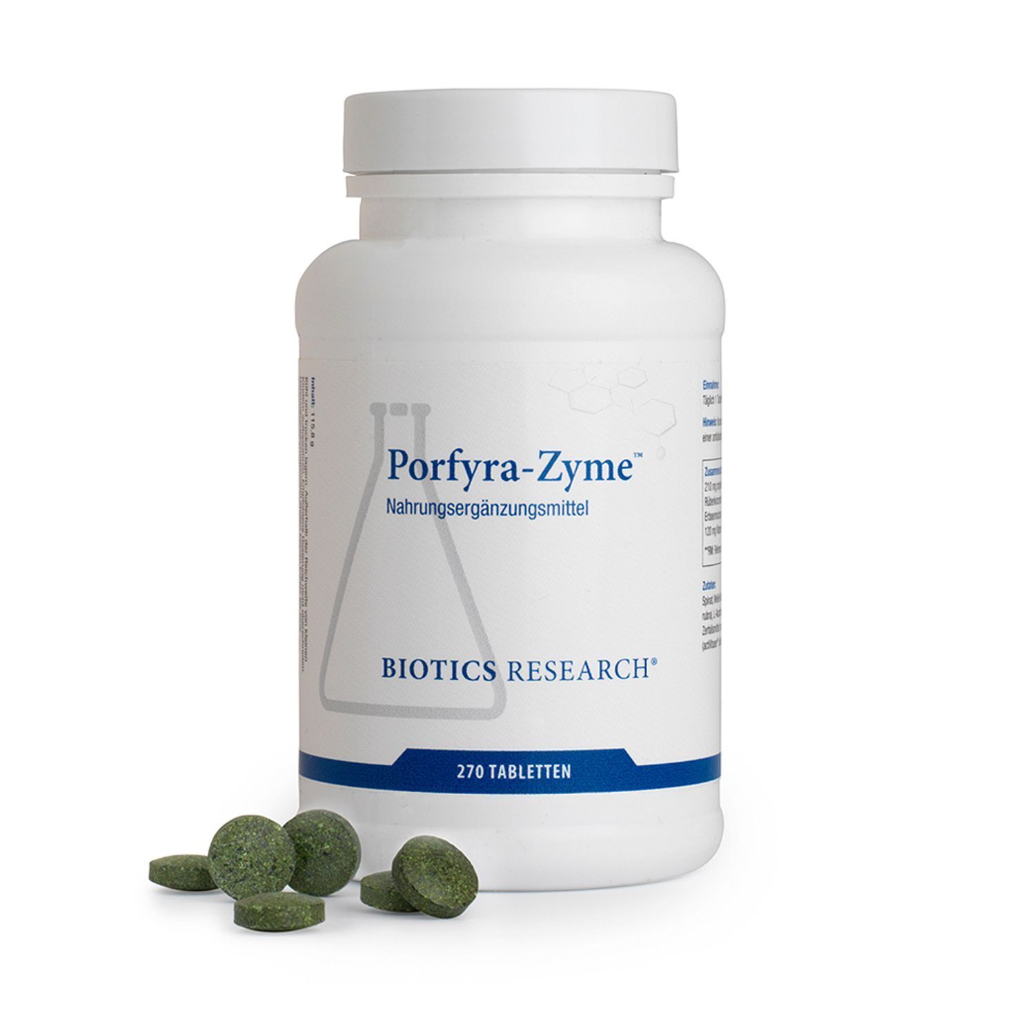 Ein weißer Behälter mit Porfyra-Zyme-Tabletten von BIOTICS RESEARCH, daneben liegen einige grüne Tabletten.
