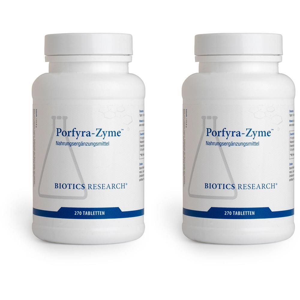 Zwei weiße Flaschen mit Porfyra-Zyme, Nahrungsergänzungsmittel, 270 Tabletten.