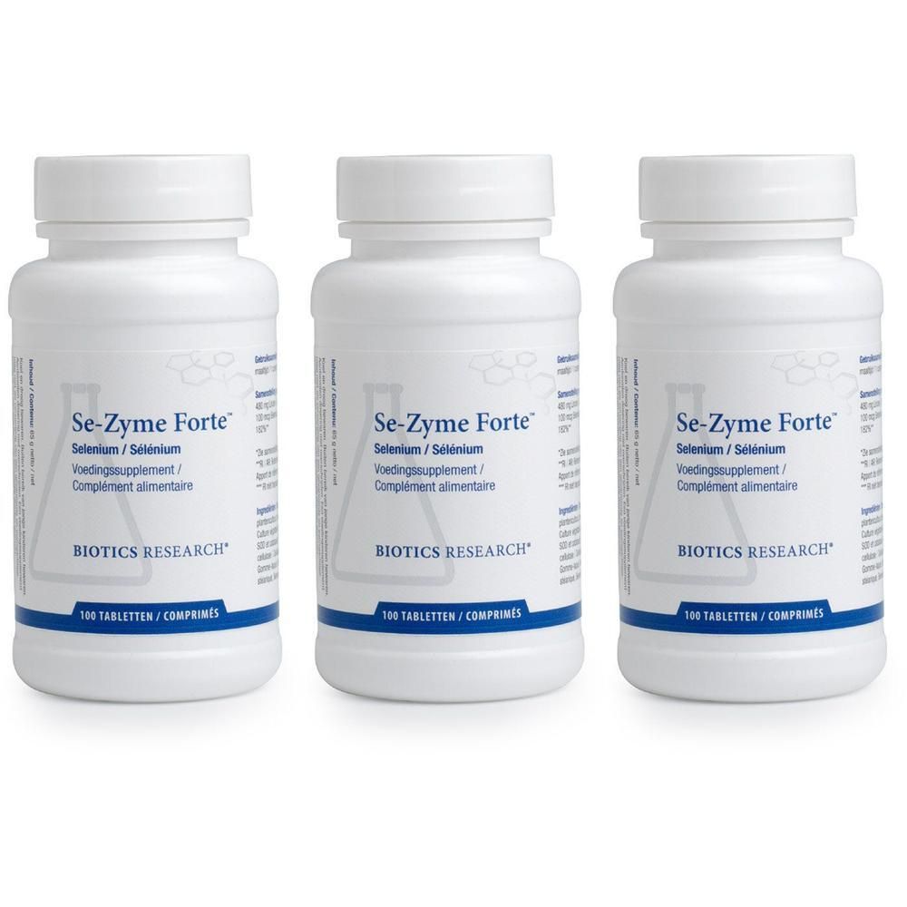 Drei Flaschen Se-Zyme Forte mit Selen von BIOTICS RESEARCH. Jede Flasche enthält 100 Tabletten.