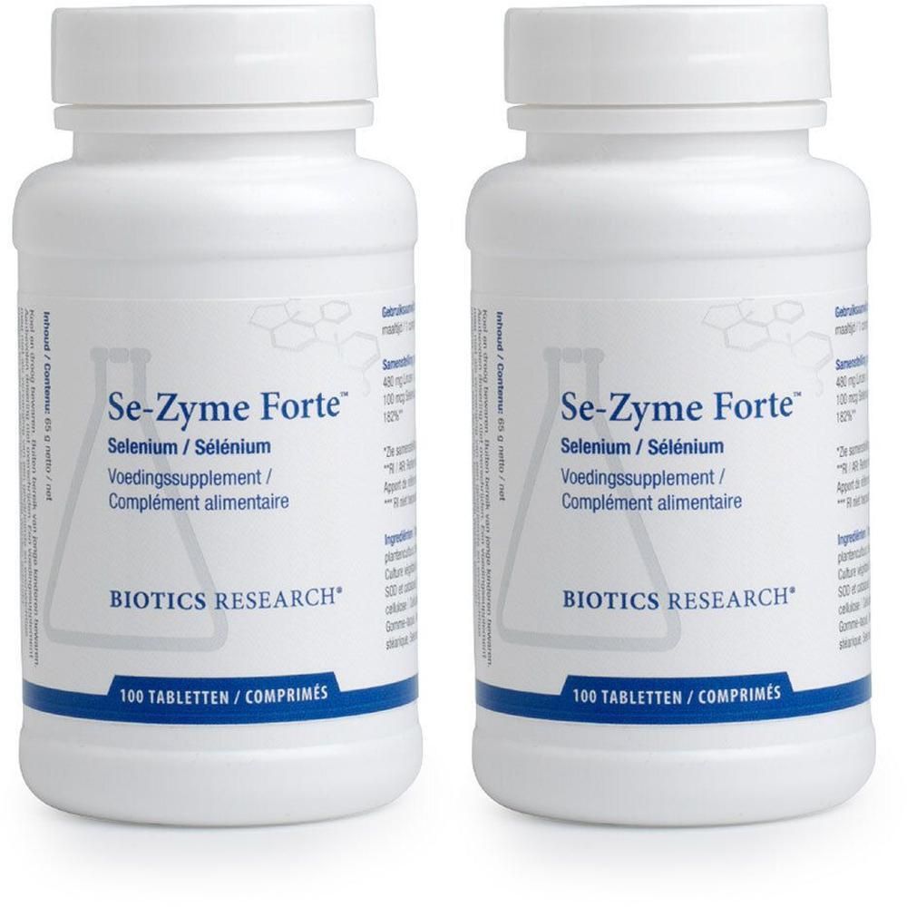 Zwei weiße Flaschen Se-Zyme Forte mit 100 Tabletten/Comprimés.